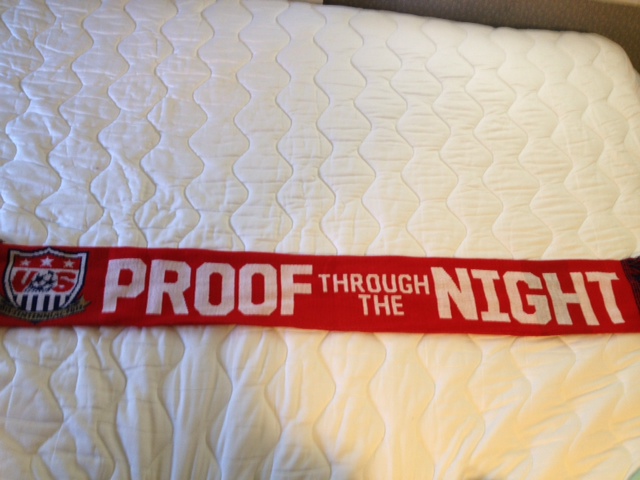 One side of the commemorative scarf that was handed out at the match.