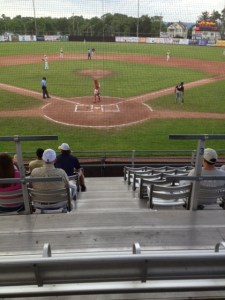Another shot of the game. The Utica catcher is wearing his school catching gear rather than gear matching the Brewers' uniforms.