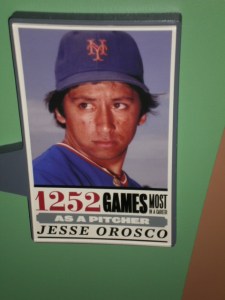 A sign celebrating Jesse Orosco's record for games pitched. 