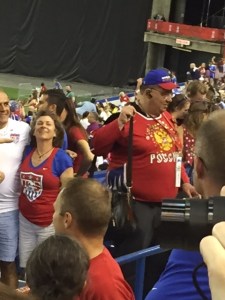 There was a random guy wearing a Russian hockey sweater, which was interesting considering that Russia did not even make the tournament. It is difficult to see, but he had pins from a variety of teams and events spangled across his chest. 